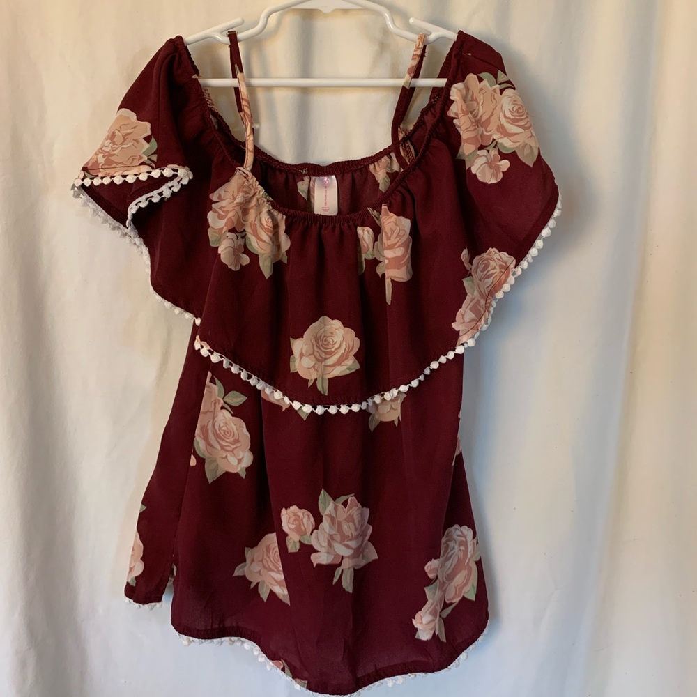 NOBO juniors XS (1) polyester embroidered blouse off shoulder maroon